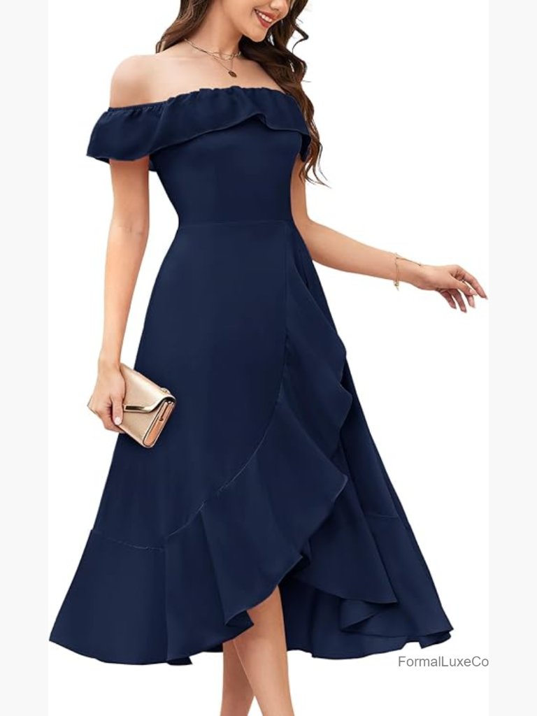 Women's High Low Off Shoulder Ruffle Chiffon Formal Midi Dress